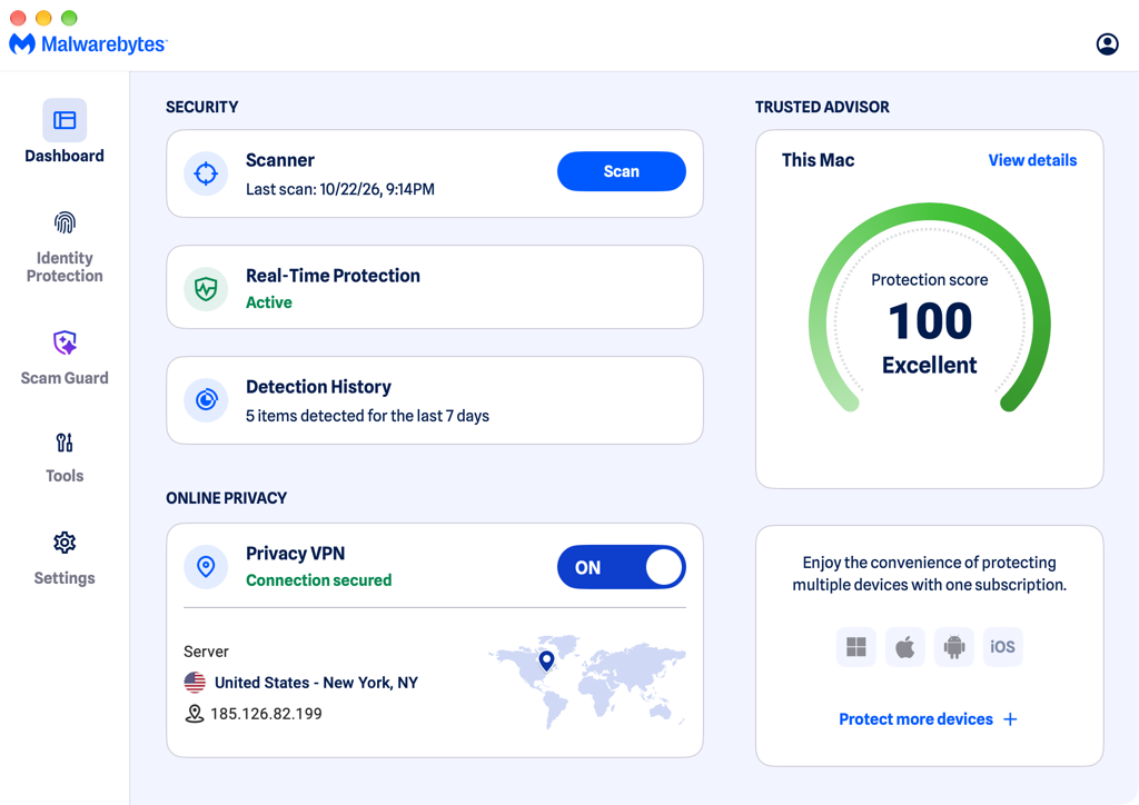 Panel de Malwarebytes para Mac