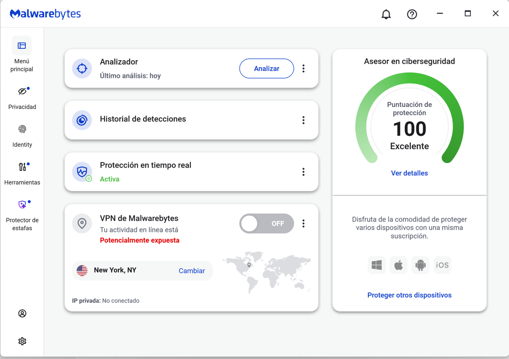 Panel de Malwarebytes para Windows
